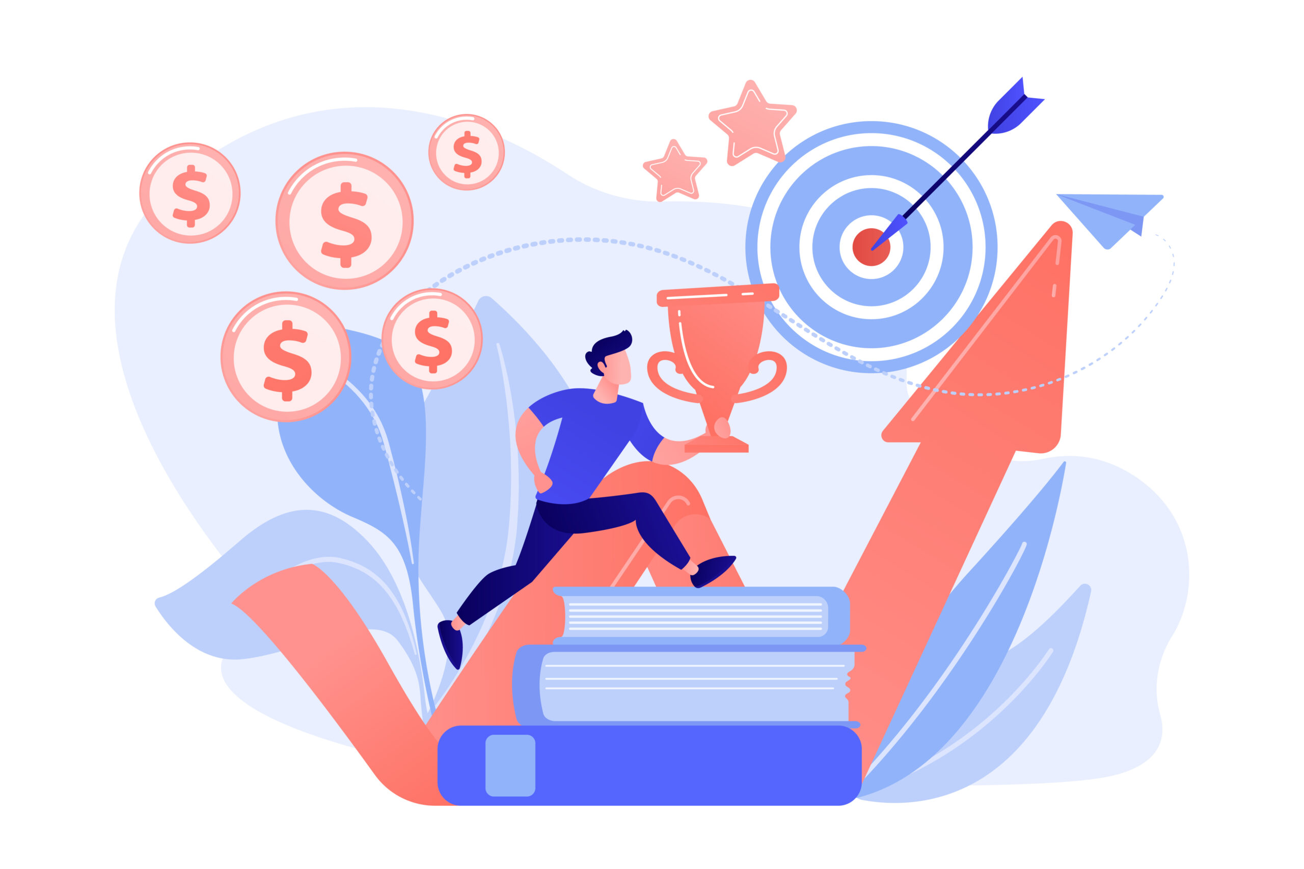 Businessman with trophy cup jumping on books to target and rising arrow. Motivation, job success, encouragement concept on white background. Pinkish coral blue vector isolated illustration