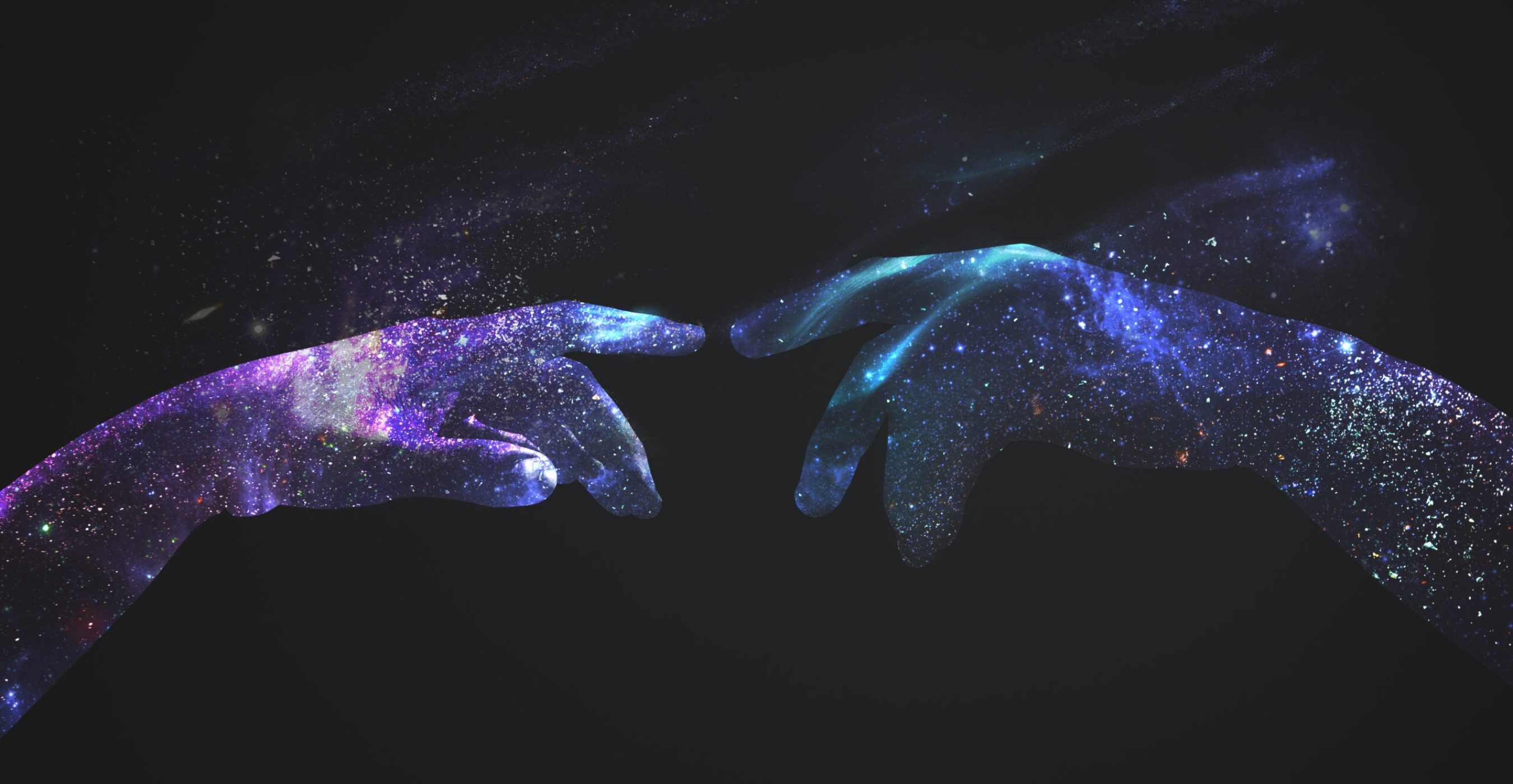 Hands in a digital universe background